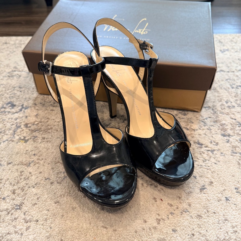Franco Sarto The Artists Collection Black Patent T-Strap Platform Heels Womens 8